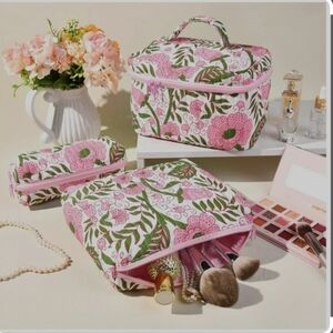 Floral Pink and Green Cosmetic Bag Set